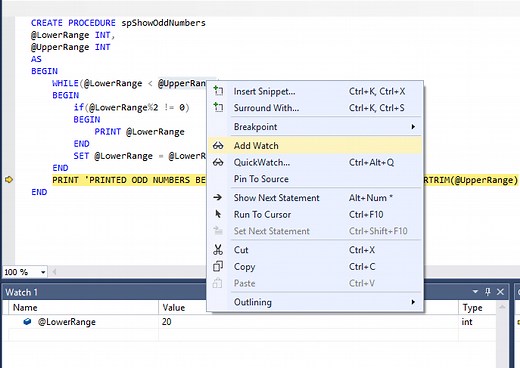 Debugging stored procedures in SQL Server Management Studio (SSMS)