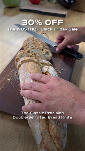 Meet the bread knife that makes every slice effortless 🥖 The sharp double-serrated edge of our best-selling bread knife cuts cleanly through artisan loaves, pastries, and more. | WÜSTHOF