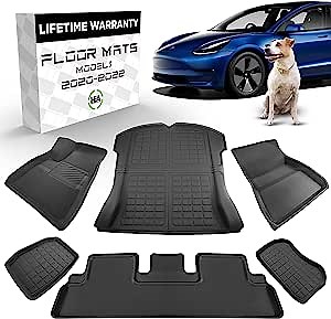Tesla Model 3 Floor Mat - Fits 2021 2022 21 22 Ultimate All Weather & All Season Waterproof 3D Floor Liner - Full Set Front, Rear, Trunk, Frunk Storage Mats No Logo Black Interior Accessories by HEA