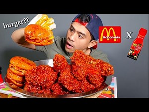 INSANE!!! EATING 10 CHICKEN AND 3 BURGER FROM MCDONALD USING 2 BOTTLES OF NUCLEAR SAMYANG SAUCE!!