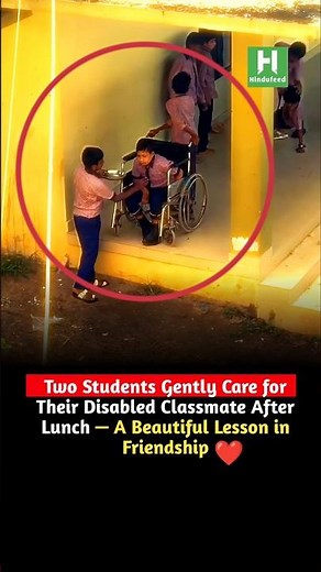 Two Students Gently Care for Their Disabled Classmate After Lunch — A Beautiful Lesson in Friendship