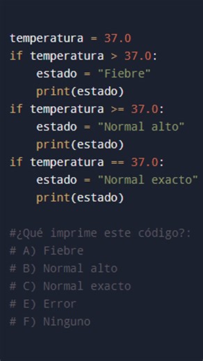 😲 if simples en Python 🚀 Varios if simples en Python funcionan de forma independiente, ejecutándose cada uno si su condición es verdadera, mientras que la estructura if-elif-else es una cadena de control donde solo se ejecuta el primer bloque cuya condición se cumple, y el resto se salta, siendo ideal para múltiples opciones mutuamente excluyentes y la mejor forma de manejar "varios if" cuando solo una respuesta es válida. . . . #python #java #visualstudiocpp #programacion #algoritmos #profeso