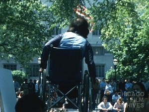 Anti-war activist and Vietnam veteran Ron Kovic makes a speech at a protest on the campus of the University of Chicago in May 1979. Excerpt from "Against McNamara," a Super 8 film by Bill Stamets documenting protests against World Bank leader and former Secretary of Defense Robert McNamara. | Chicago Film Archives | Facebook