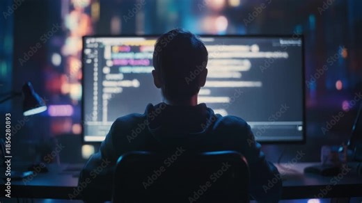 Programmer working late at night on a computer screen with code.