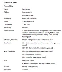 Lebenslauf auf Englisch: curriculum vitae with example