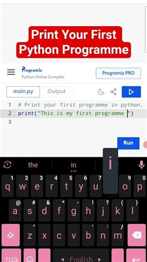 Print your first python programme. #python #pythontutorial #pythonprogramming