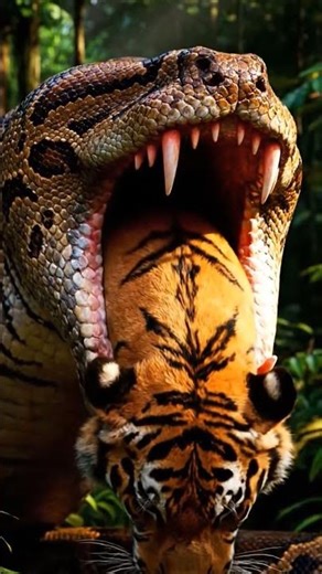 Giant Snake Swallows Tiger Whole​ #PythonVsTiger #WildlifeBattle #SnakeEatsTiger #animalfight