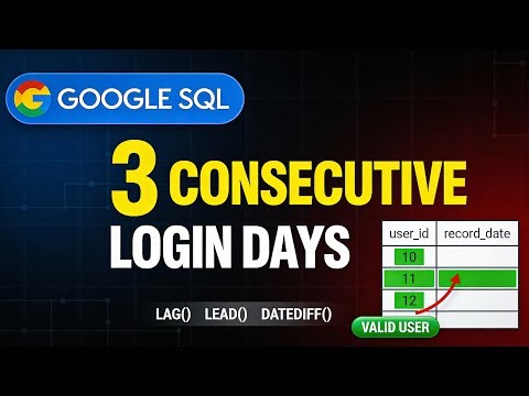 Google SQL Interview: Find Users Active for 3 Consecutive Login Days (LAG, LEAD, DATEDIFF)