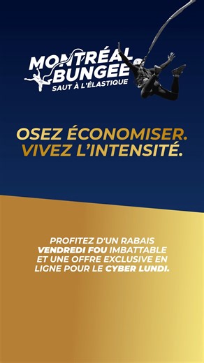 Montréal Bungee on Instagram: "🪂 Saut en Bungee : des rabais à la hauteur Le cadeau parfait à offrir… ou à s’offrir! Que ce soit en solo, entre amis ou en famille, vivez un moment d’adrénaline pure en profitant des meilleurs prix de l’année : 🖤 VENDREDI FOU | 28 au 30 novembre 2025 🎟️ Saut à seulement 139 $ (40$ de rabais) 🎁 BONUS EXCLUSIF aux 15 premiers acheteurs : saut à 139 $ + vidéo gratuite (valeur de 49 $) 👉 Offre valide en ligne, code BLACKFRIDAY: 🔗https://bookeo.com/montrealbungee