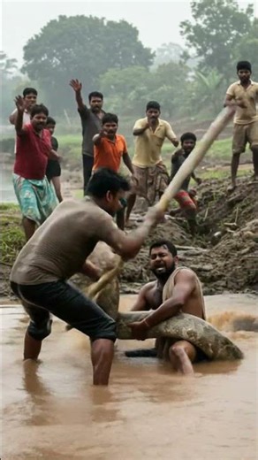 Python Attacks Man in River — Use bamboo stick to hit his OWN leg !