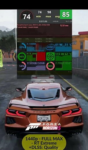 RTX 5060 + i5-14600K | Forza Horizon 5 1440p Max Settings | Extreme Ray Tracing +DLSS:Quality