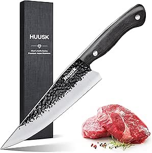 Huusk Chef Knife Japanese Kitchen - Hand Forged Viking Knife for Meat Cutting - Ideal Kitchen Knife Made From a Single Piece of High Carbon Steel Christmas Gift for Men and Women