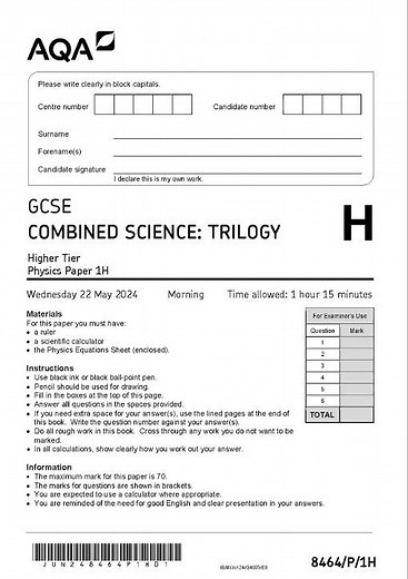 2024 AQA GCSE Combined Science Trilogy Question Paper 1h 8464 P 1h Higher Tier Physics