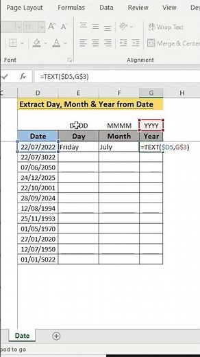 How to Extract Day, Month and Year from Date in Excel | MS Excel | #shorts