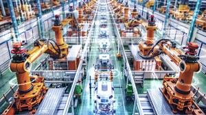 Automated robotic arms assembling vehicles on an assembly line.