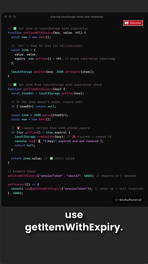 Expiring localStorage Values in JavaScript | Store Data with Expiry Time #shorts #javascript
