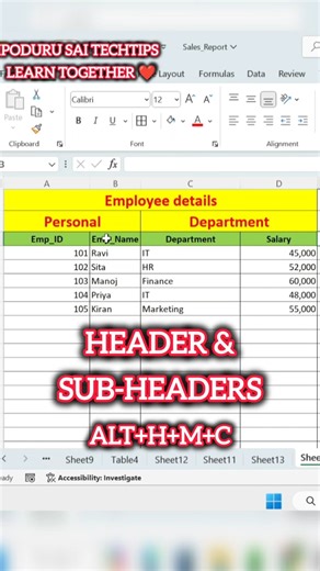 Day 32 - Excel Headers & Sub-Headers in Center | Clean Sheet Design #excel #shorts #podurutechtips