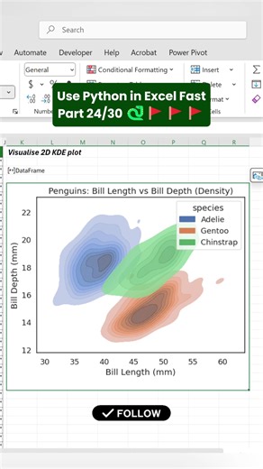 🐍📊 Part 24 of “Use Python in Excel FAST” — 2D KDE PLOT! Today we’re using the FREE Penguins dataset to create a 2D KDE (Kernel Density Estimate) plot — all inside Excel with Python 😳🔥 With just one =PY() cell → boom 💥 Excel visualises: ✔️ Joint density between two variables ✔️ High- and low-concentration regions ✔️ Smooth probability contours ✔️ Clusters & overlap between species A 2D KDE plot helps you understand where most data points live, not just individual points like a scatter plot �