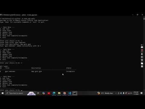 hackathon 2 phase 1 Giaic In Memory python console todo app