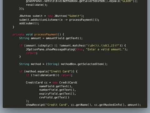 Build a Payment System GUI with interface PaymentMethod (CreditCard, GCash).