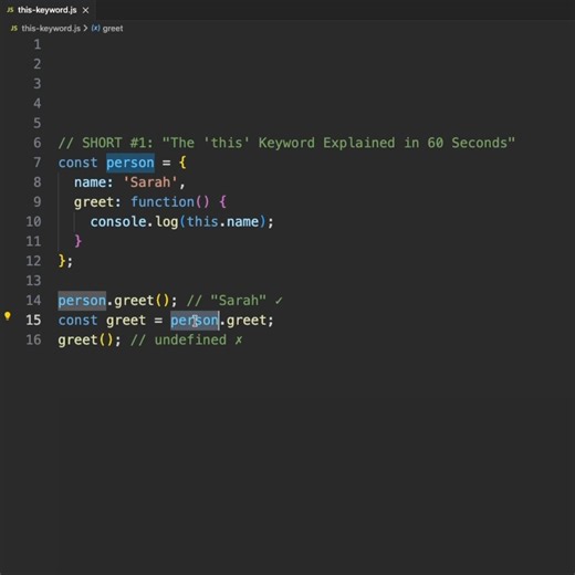 The 'this' keyword in JavaScript explained FAST! ⚡  Key Point: 'this' is about HOW you call it, not WHERE you write it! Same function → Different results 勞  Watch full tutorial: https://youtu.be/lA625K4bvlM  Save this for later! #JavaScript #WebDevelopment #Coding #Programming #LearnToCode #JavaScriptTutorial #CodingTips #WebDev #ThisKeyword #JSShorts #CodeNewbie #TechTips #DeveloperLife #ProgrammingTips #JavaScriptBasics | Fullstack Flow | Facebook
