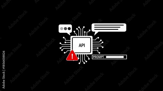 Digital circuit board with API text and warning symbol on black background technology application programming interface.