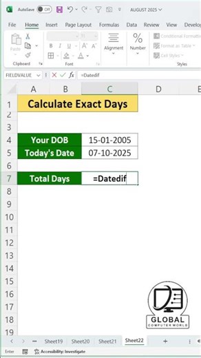 Excel Trick 😍 | Find How Many Days You’ve Lived with DATEDIF #exceltips @globalcomputerworld