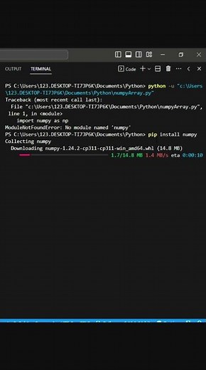 Installing numpy module in VS Code #python