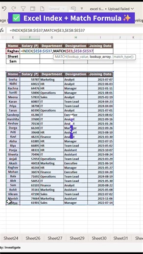 ✅Index Match in Excel #excel #exceltips #excelshortcuts #exceltutorial #excelformulas #indexmatch