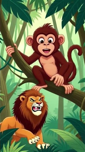 शेर को बन्दर परेशान करता हुआ