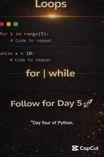Day 4 of Python 🐍 Loops in Python: for & while Repeat tasks like a pro 💻 Follow for Day 5 🚀#Python #PythonLoops #LearnCoding #PythonBeginner #CodeTok