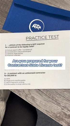 ‍♂️ Are you a contractor looking to get your Contractor’s License? Here’s a demo test to challenge your knowledge!  Drop a comment  and let us know how you did! #CSLP #ContractorsLicense #CaliforniaContractors #ConstructionLife #ContractorTest #LevelUp | Contractors State License Preparation | Facebook