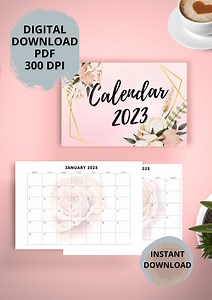 2023 Monthly Printable Calendar Landscape, Printable Calendar Template, Minimalist Calendar, Pretty Flower Calendar A4, Bonus Gift - Etsy UK