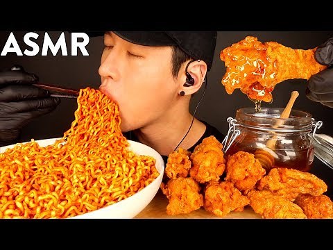 ASMR SPICY FIRE NOODLES & HONEY GLAZED FRIED CHICKEN MUKBANG (No Talking) COOKING & EATING SOUNDS