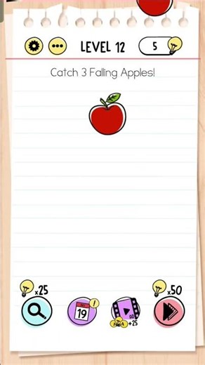 Brain Test Level 12 catch 4 falling apples solution. catch only falling ones