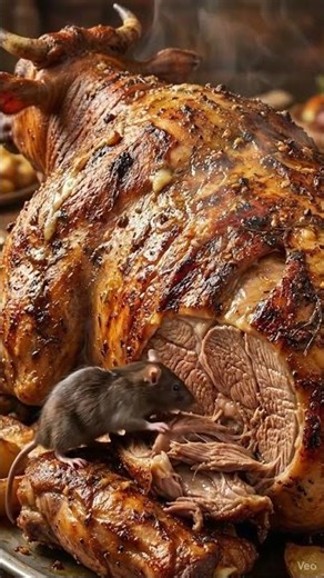 A Tiny Rat Eating a Giant Roasted Cow