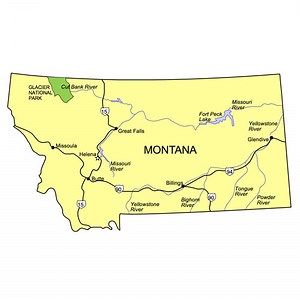 Montana US State PowerPoint Map, Highways, Waterways, Capital and Major Cities - Clip Art Maps