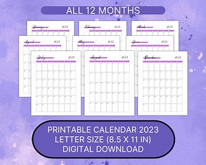 Monthly Calendar 2023, Simple Calendar, Printable Calendar 2023,printable to Do List, US Letter Size, Yearly Planner, Purple Planner - Etsy