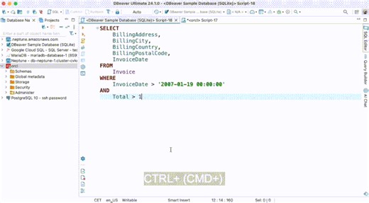 You can quickly adjust the font size in your SQL code. Just try the hotkeys CTRL  to zoom in and CTRL- to zoom out (CMD  and CMD- for macOS). This setting will be applied to all SQL editors and saved… | DBeaver