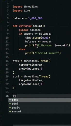 🚨 Race Condition in Python Threading Explained! 💻 (ATM Simulation + Fix with Mutex)