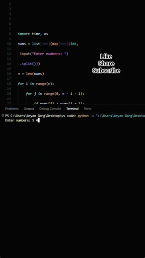 15/100 – Interesting Python Code 🔢 | Bubble Sort #codequest.#coding #python #cursor #ytshorts