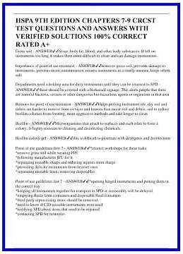 HSPA 9TH EDITION CHAPTERS 79 CRCST TEST QUESTIONS AND ANSWERS WITH VERIFIED SOLUTIONS 100 CORRECT RA