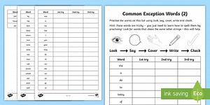 Year 1 Spelling Practice Common Exception Words Homework Worksheet