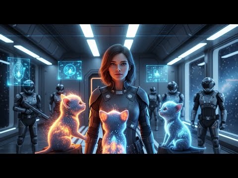 Female Space Commander and Holographic Alien Cats – Futuristic Sci-Fi Fantasy Art