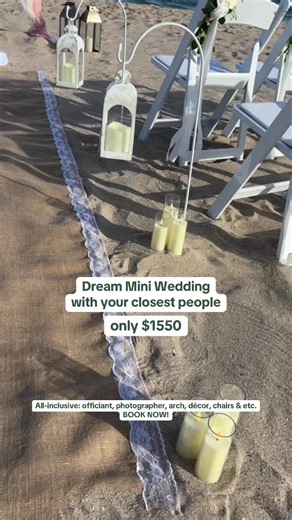 Save your wedding date today! A beautifully styled beach wedding setup — simple, elegant, unforgettable. Created to let you enjoy your moment while we handle every detail. 💖🌴✨ Your package includes: • Wedding officiant • Professional photography • Floral metal arch • Lantern aisle décor • Fabric aisle runner • Ceremony table • Silk bouquet & boutonnière • Personalized vows & officiant speech • Union ceremony options • Ceremony music • First dance song • Decorative certificate • Filing of marri