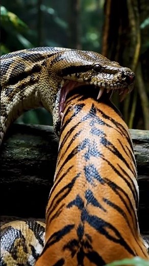 Giant Snake Swallows Tiger Whole​ #PythonVsTiger #WildlifeBattle #SnakeEatsTiger #animalfight