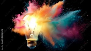 A luminous light bulb exploding with colorful powder clouds, symbolizing a burst of creativity, ideas, and inspiration. Set against a black background, the vivid colors create a striking and imaginati
