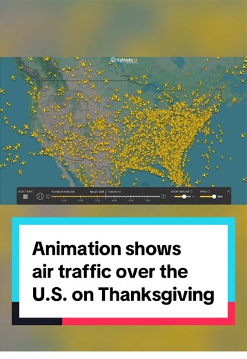 An animation from Flightradar24 shows the overwhelming amount of planes that flew over the U.S. on Thanksgiving. Air travel on Thanksgiving was expected to reach a 15-year high in 2025 as millions traveled to meet their loved ones for the holiday. #thanksgiving