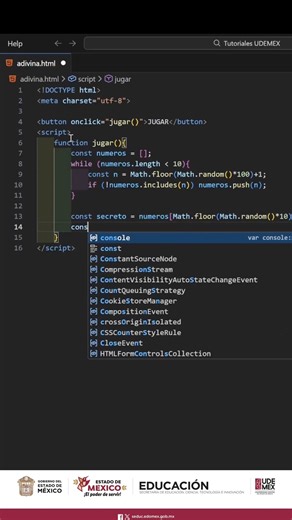 🎯 Programar también puede ser interactivo. Este ejercicio muestra cómo JavaScript puede utilizarse para crear dinámicas donde el usuario interactúa con el programa, poniendo a prueba la lógica y la toma de decisiones. #JavaScript #Programación #CódigoInteractivo #AprenderJavaScript #Tecnología | Universidad Digital del Estado de México