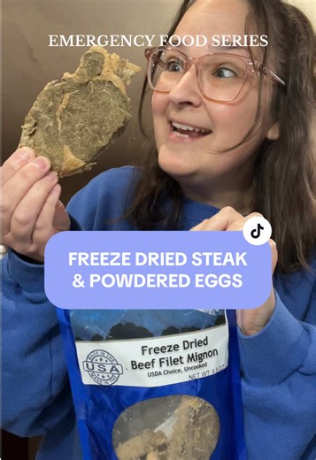 * EMERGENCY FOOD TASTE TEST SERIES * no, we are not in an emergency. This is a series on trying emergency foods. 😉 • no, this is not something just sold in an American grocery store. Emergency food is sold online. Steak & Eggs for breakfast using freeze dried filet mignon, powdered eggs, freeze dried cheese, and powdered butter • Dehydrated eggs retain their nutritional value. Also, freeze dried food retains 90-97% of their nutritional value. 😁 It’s just food that has their moisture removed so